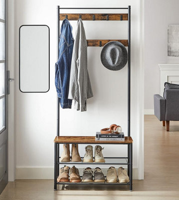 VASAGLE Vintage Hat and Coat Stand Hallway Shoe Rack and Bench with Shelves Storage Organiser with Hooks Matte Metal Frame DIY at B Q