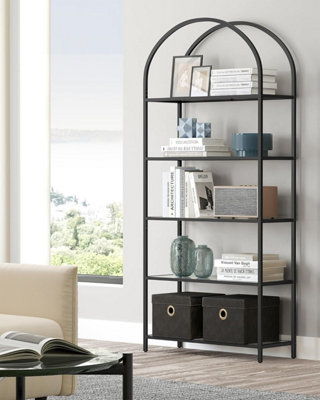 VASAGLE Wide 5-Level Shelf, Tempered Glass Storage Unit, Glass Rack, Arched, Robust, Ink Black and Slate Grey