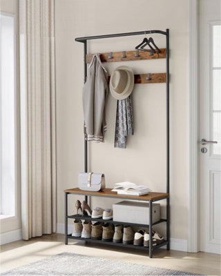 VASAGLE Wide Coat Stand with Shoe Rack, Shoe Bench, Hall Tree, Hooks, Top Bar, Industrial, Rustic Brown and Black