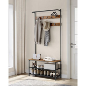 VASAGLE Wide Coat Stand with Shoe Rack, Shoe Bench, Hall Tree, Hooks, Top Bar, Industrial, Rustic Brown and Black