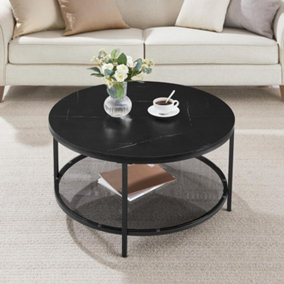 VASAGLE Wide Sofa Cocktail Table, Coffee Table, Round Occasional Table, Tempered Glass Shelf, Marble Black & Ink Black