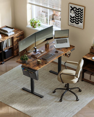 VASAGLE Workstation Pro, Extended Electric Desk with Smart Height Settings, Rustic Brown