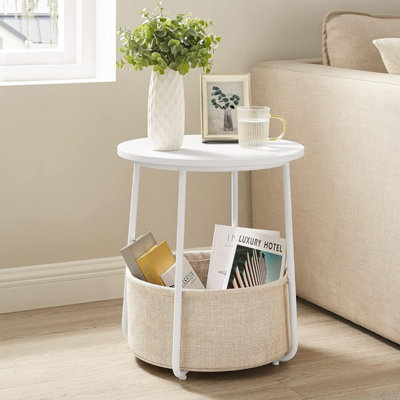 VASAGLEBedside Table, Round End Table with Spacious Fabric Basket, Modern Touch for Living Room or Bedroom, White and Beige