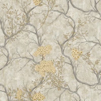 Vasari Albero Pewter & Beige Floral Tree Metallic Heavyweight Vinyl Wallpaper 400426