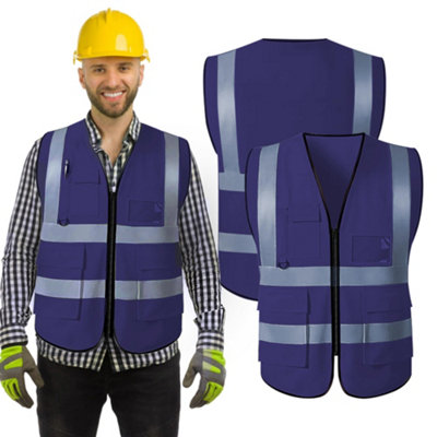 Vasego Hi Visibility Custom Safety Work Vest for Men  Vest with Zipper Front and Multi Function Pockets - Navy, XX Large