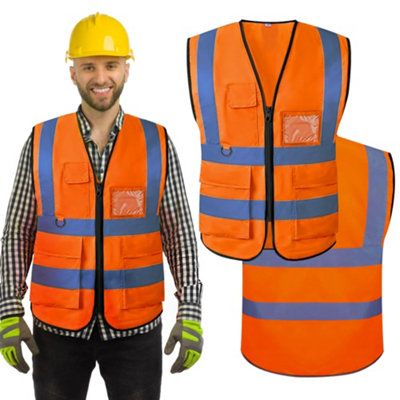 Vasego Hi Visibility Custom Safety Work Vest for Men  Vest with Zipper Front and Multi Function Pockets - Orange, XX Large