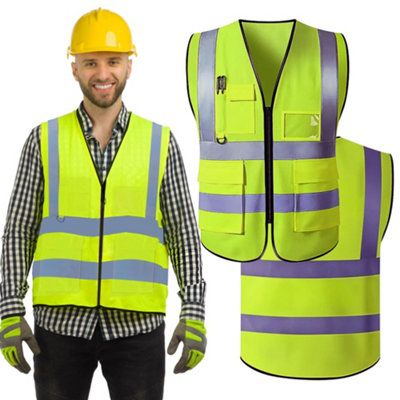 Vasego Hi Visibility Custom Safety Work Vest for Men  Vest with Zipper Front and Multi Function Pockets - Yellow, XX Large