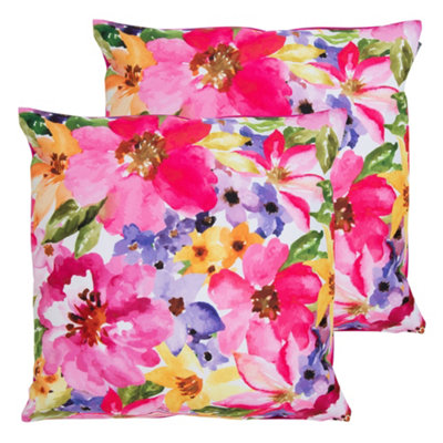 Veeva Indoor Outdoor Cushion Set of 2 Pink Watercolour Floral Water Resistant Cushions DIY at B Q