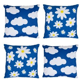 Veeva Indoor Outdoor Cushion Set of 4 Blue Daisy Water Resistant Cushions