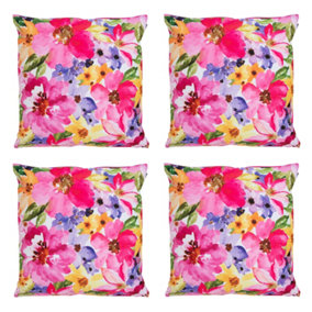 Veeva Indoor Outdoor Cushion Set of 4 Pink Watercolour Floral Water Resistant Cushions