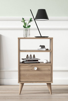 Vega Bedside Table with 2 Shelves and 1 Cabinet, 45 x 25 x 74 cm Tall Nightstand End Table, Oak