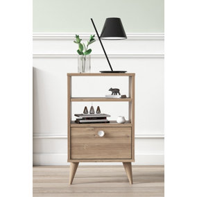 Vega Bedside Table with 2 Shelves and 1 Cabinet, 45 x 25 x 74 cm Tall Nightstand End Table, Oak