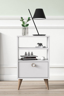 Vega Bedside Table with 2 Shelves and 1 Cabinet, 45 x 25 x 74 cm Tall Nightstand End Table, White