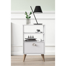 Vega Bedside Table with 2 Shelves and 1 Cabinet, 45 x 25 x 74 cm Tall Nightstand End Table, White