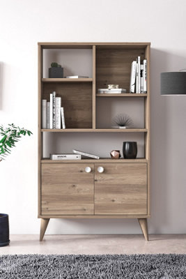 Vega Bookcase 2 Doors Cabinet, Free Standing Storage Shelf, 75 x 25 x 131 cm 3 Tier Display Shelves, Bookshelf, Open Cabinet, Oak