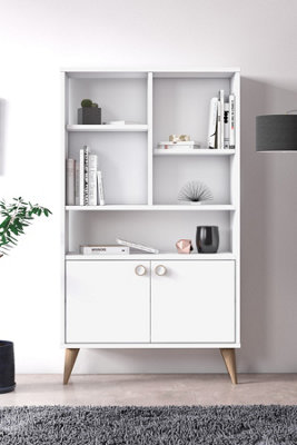 Vega Bookcase 2 Doors Cabinet, Free Standing Storage Shelf, 75 x 25 x 131 cm 3 Tier Display Shelves, Open Bookshelf, White