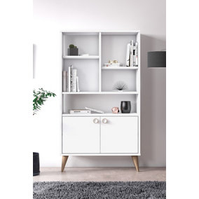 Vega Bookcase 2 Doors Cabinet, Free Standing Storage Shelf, 75 x 25 x 131 cm 3 Tier Display Shelves, Open Bookshelf, White