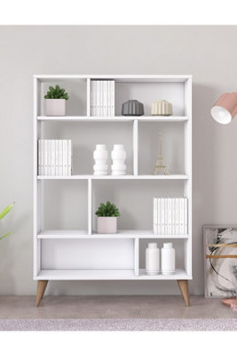 Vega Bookcase with 8 Compartments Display Unit, 90 x 25 x 131 cm Free Standing Shelves, Bookshelf, Open Cabinet, White