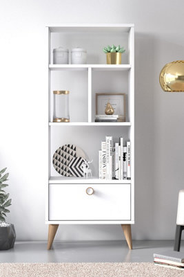 Vega Bookcase with Pull-Down Door Cabinet, Free Standing Storage Shelf, 52 x 25 x 131 cm 3 Tier Display Shelves, Bookshelf, White