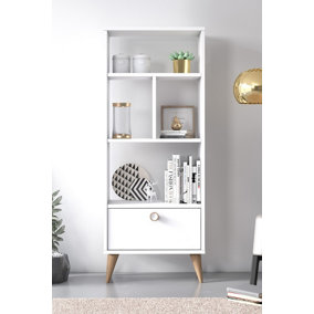 Vega Bookcase with Pull-Down Door Cabinet, Free Standing Storage Shelf, 52 x 25 x 131 cm 3 Tier Display Shelves, Bookshelf, White