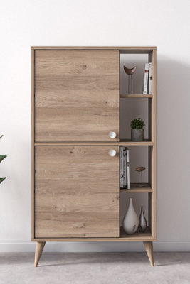 Vega Sideboard Cabinet with 2 Doors and 4 Shelves, 75 x 35 x 131 cm Free Standing Bookshelf, High Shelf, Oak