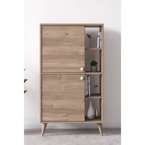 Vega Sideboard Cabinet with 2 Doors and 4 Shelves, 75 x 35 x 131 cm Free Standing Bookshelf, High Shelf, Oak