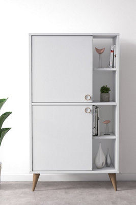 Vega Sideboard Cabinet with 2 Doors and 4 Shelves, 75 x 35 x 131 cm Free Standing Bookshelf, High Shelf, White