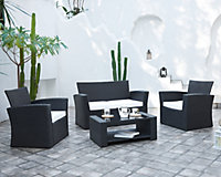 Vegas 4 Piece Modular Black Rattan Sofa Garden Lounge Set with Black Glass Topped Coffee Table White Cushions