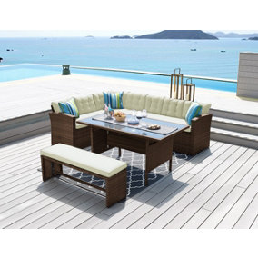 Vegas 9 Seater Brown Rattan Corner Sofa Dining Table Set With Cream Cushions & Bench
