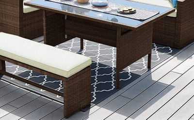Vegas 9 Seater Brown Rattan Corner Sofa Dining Table Set With Cream Cushions & Bench