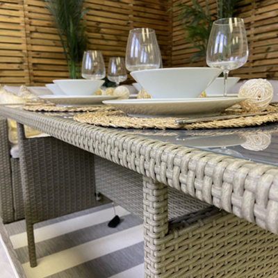Vegas 9 Seater Light Grey Rattan Corner Sofa Dining Table Set With Light Grey Cushions