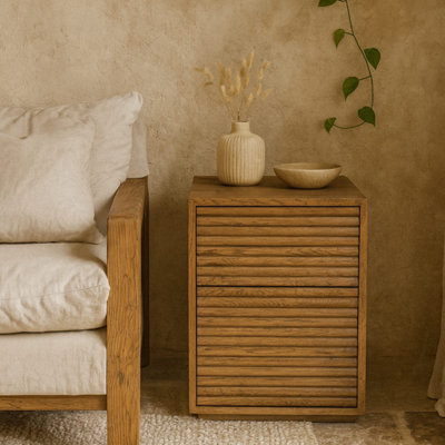 Velagio Natural Oak Ribbed 2-Drawer Bedside Table
