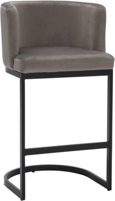 Velino Velvet Kitchen Bar Stools, Matt Black Cantilever Frame, Seat With Backrest, Breakfast & Home Bar Stool - Grey