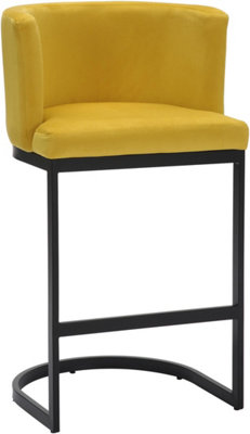Velino Velvet Kitchen Bar Stools, Matt Black Cantilever Frame, Seat With Backrest, Breakfast & Home Bar Stool - Mustard Yellow