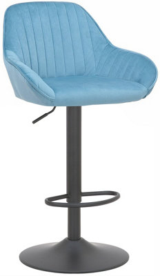 Velluto Matt Black Velvet Bar Stool, Padded Seat & Backrest, Matt Black Footrest, Height Adjustable Swivel Gas Lift, Pastel Blue