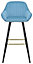 Velluto Velvet Bar Stool with Gold Footrest, Powder-Coated Black Finish Fixed Legs, Padded Seat, Backrest & Armrest, Pastel Blue