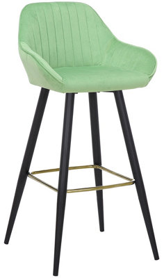 Velluto Velvet Bar Stool with Gold Footrest, Powder-Coated Black Fixed Legs, Velvet Padded Seat, Backrest & Armrest, Lime Green