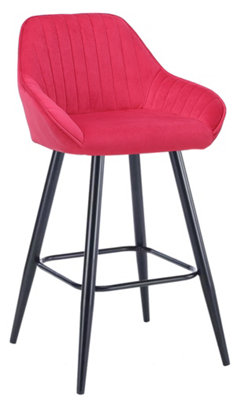 Velluto Velvet Blush Kitchen Bar Stool, Powder-Coated Fixed Legs, Footrest, Red Velvet Fabric Padded Seat, Backrest & Armrest, Red