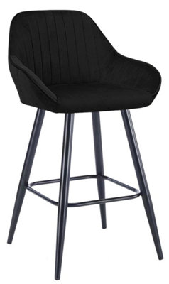 Velluto Velvet Kitchen Bar Stool, Matt Black Fixed Height Legs With Footrest, Breakfast & Home Bar Stool - Black