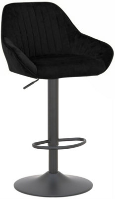 Velluto Velvet Kitchen Bar Stool, Matt Black Stem & Base, Adjustable Gas Lift With Backrest, Breakfast Bar Stool - Black