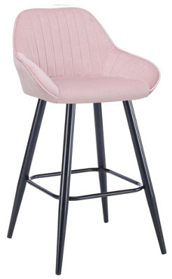 Velluto Velvet Kitchen Bar Stool, Powder-Coated Black Finish Fixed Legs & Footrest, Fabric Padded Seat, Backrest & Armrest, Pink