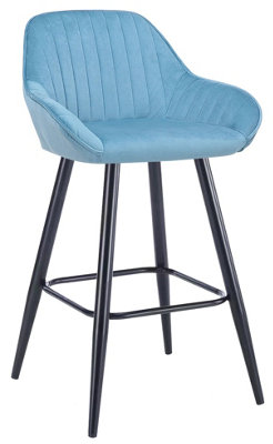 Velluto Velvet Kitchen Bar Stool, Powder-Coated Black Finish Fixed Legs & Footrest, Padded Seat, Backrest & Armrest, Pastel Blue