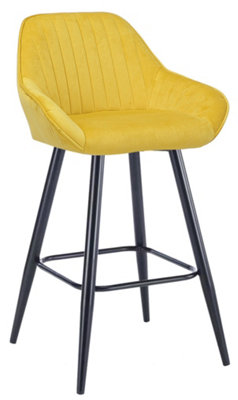 Velluto Velvet Kitchen Bar Stool, Powder-Coated Black Fixed Legs With Footrest, Fabric Padded Seat, Backrest & Armrest, Mustard