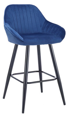 Velluto Velvet Kitchen Bar Stool, Powder-Coated Black Fixed Legs With Footrest, Velvet Padded Seat, Backrest & Armrest, Blue