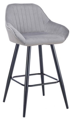 Velluto Velvet Kitchen Bar Stool, Powder-Coated Black Fixed Legs With Footrest, Velvet Padded Seat, Backrest & Armrest, Grey