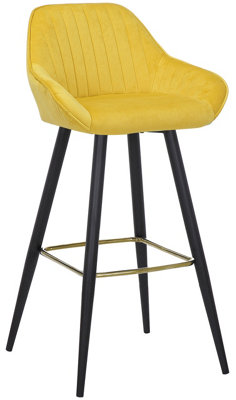 Velluto Velvet Kitchen Bar Stool with Gold Footrest, Powder-Coated Black Fixed Legs, Padded Seat, Backrest & Armrest, Mustard