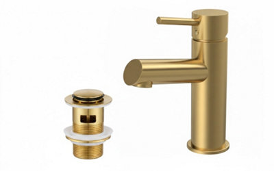 Velora Mono Basin Mixer Tap Single Lever + Clicker Waste - Brushed Brass