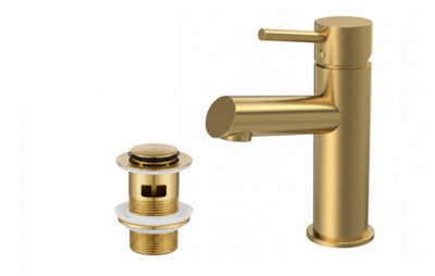 Velora Mono Basin Mixer Tap Single Lever + Clicker Waste - Brushed Brass