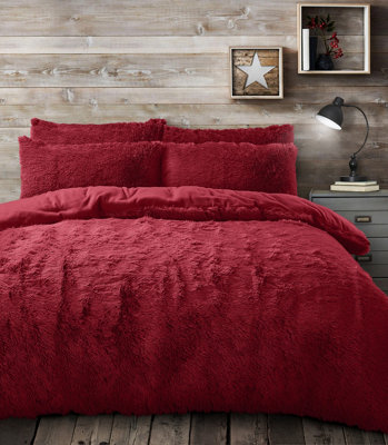 Velosso Alaska Shaggy Faux Fur Warm And Cosy Duvet Cover And Pillowcase Set - Red