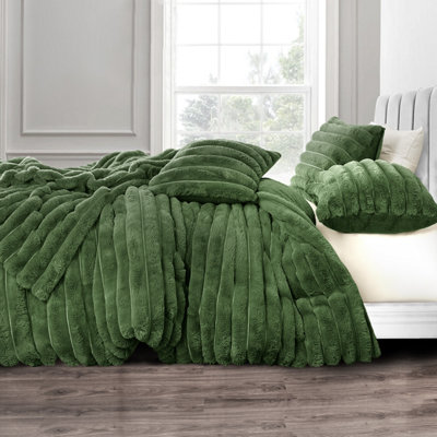 Velosso Chunky Corduroy Fur Warm And Cosy Duvet Cover And Pillowcase Set - Olive